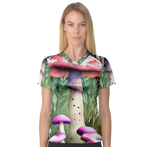 Mushroom Foraging In The Woods V-neck Sport Mesh Tee by GardenOfOphir