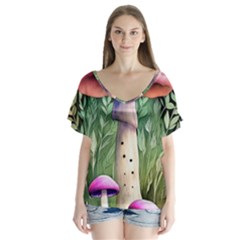 Mushroom Foraging In The Woods V-neck Flutter Sleeve Top by GardenOfOphir