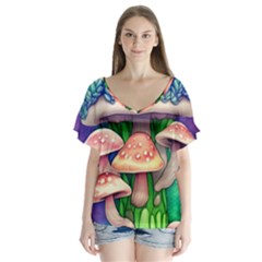 Fairy Mushroom In The Forest V-neck Flutter Sleeve Top by GardenOfOphir