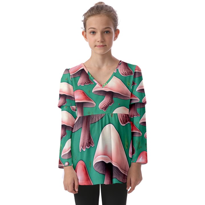 Forest Mushrooms Kids  V Neck Casual Top