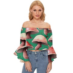 Forest Mushrooms Off Shoulder Flutter Bell Sleeve Top