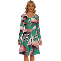 Forest Mushrooms Long Sleeve Dress With Pocket