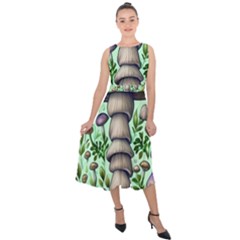 Forest Mushrooms Midi Tie-back Chiffon Dress by GardenOfOphir