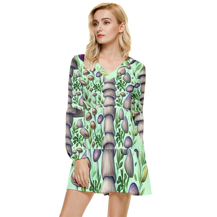 Forest Mushrooms Tiered Long Sleeve Mini Dress