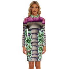 Forest Mushrooms Long Sleeve Shirt Collar Bodycon Dress by GardenOfOphir