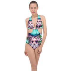 Witchy Forest Mushrooms Halter Front Plunge Swimsuit