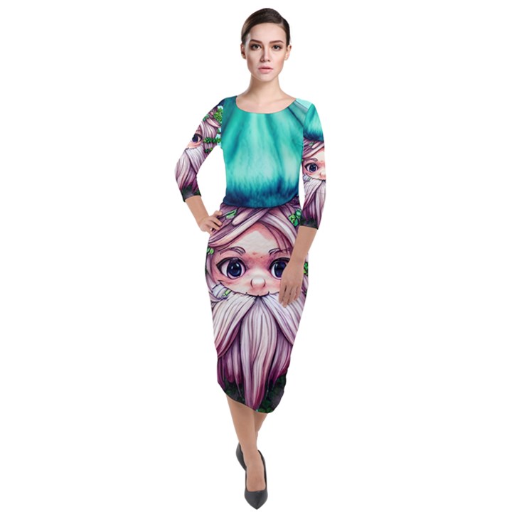 Witchy Forest Mushrooms Quarter Sleeve Midi Velour Bodycon Dress