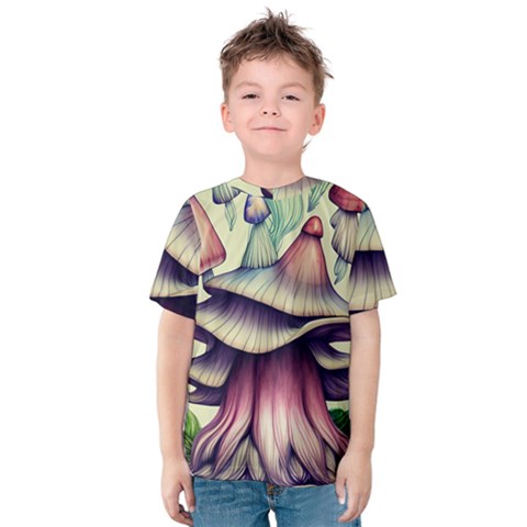 Antique Forest Mushrooms Kids  Cotton Tee by GardenOfOphir