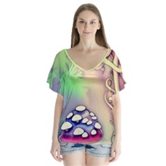 Tiny Forest Mushroom Fairy V-neck Flutter Sleeve Top by GardenOfOphir