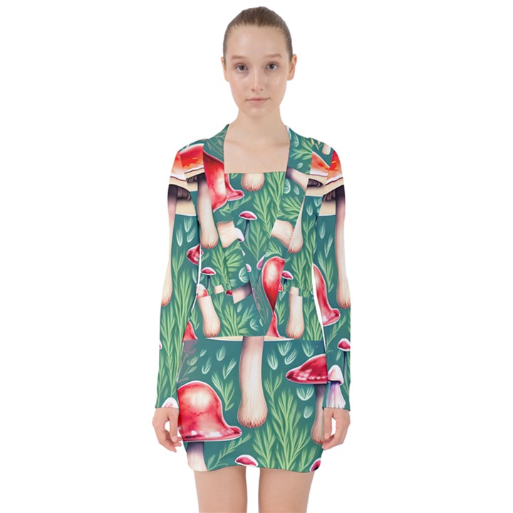 Forest Mushroom Fairy Garden V-neck Bodycon Long Sleeve Dress