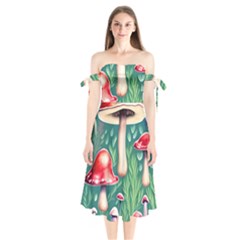 Forest Mushroom Fairy Garden Shoulder Tie Bardot Midi Dress by GardenOfOphir