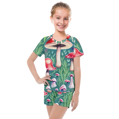 Forest Mushroom Fairy Garden Kids  Mesh Tee And Shorts Set by GardenOfOphir