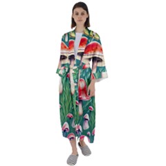 Forest Mushroom Fairy Garden Maxi Satin Kimono by GardenOfOphir