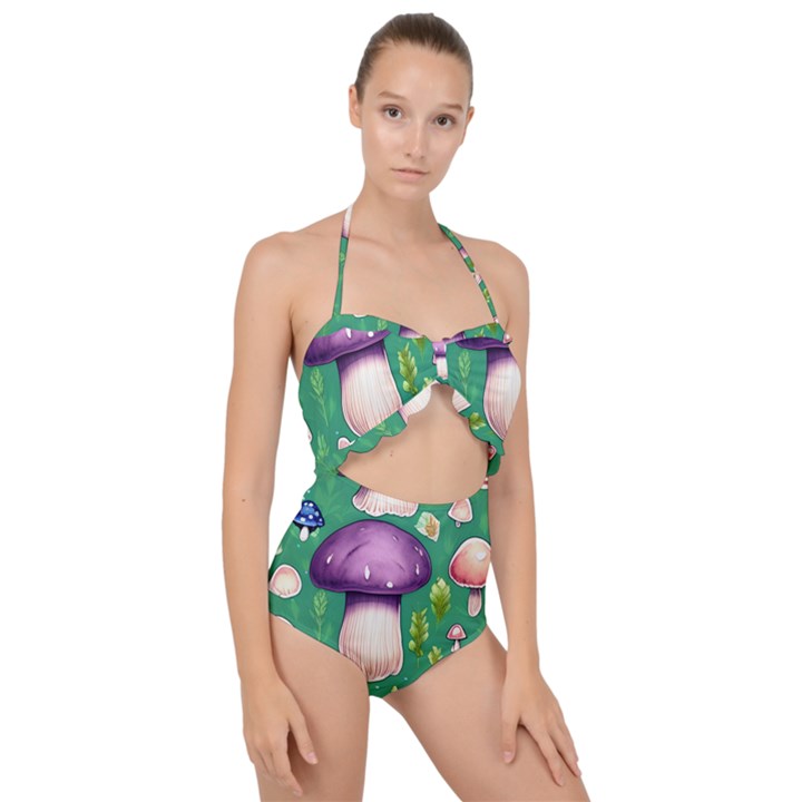 Forest Mushroom Garden Path Scallop Top Cut Out Swimsuit