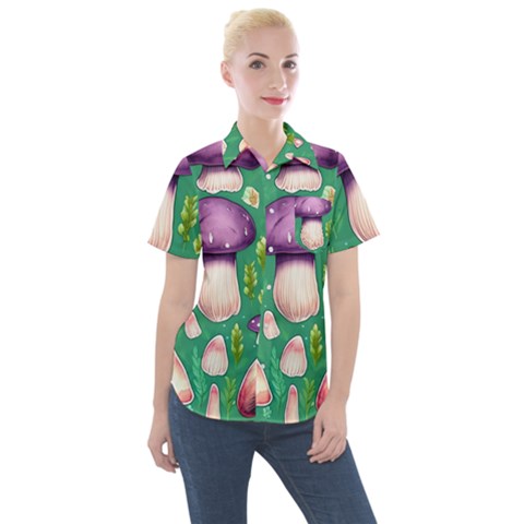 Forest Mushroom Garden Path Women s Short Sleeve Pocket Shirt by GardenOfOphir