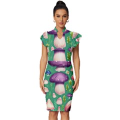 Forest Mushroom Garden Path Vintage Frill Sleeve V-neck Bodycon Dress