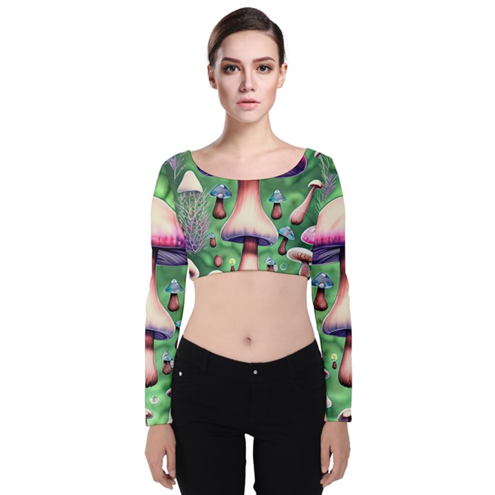 Secret Forest Mushroom Fairy Velvet Long Sleeve Crop Top