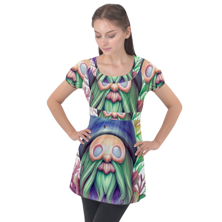 Enchanted Mushroom Forest Fairycore Puff Sleeve Tunic Top