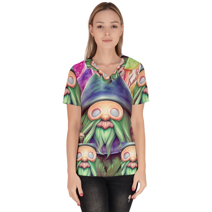 Enchanted Mushroom Forest Fairycore Women s V-Neck Scrub Top