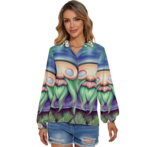 Enchanted Mushroom Forest Fairycore Women s Long Sleeve Button Down Shirt by GardenOfOphir