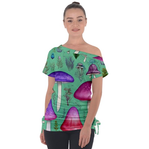 Foraging In The Mushroom Forest Off Shoulder Tie-up Tee by GardenOfOphir