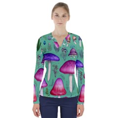 Foraging In The Mushroom Forest V-neck Long Sleeve Top by GardenOfOphir