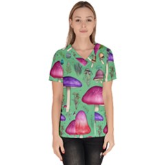 Foraging In The Mushroom Forest Women s V-neck Scrub Top by GardenOfOphir