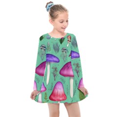 Foraging In The Mushroom Forest Kids  Long Sleeve Dress by GardenOfOphir