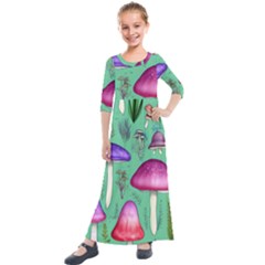 Foraging In The Mushroom Forest Kids  Quarter Sleeve Maxi Dress by GardenOfOphir