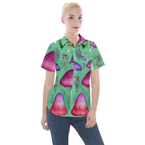 Foraging In The Mushroom Forest Women s Short Sleeve Pocket Shirt by GardenOfOphir