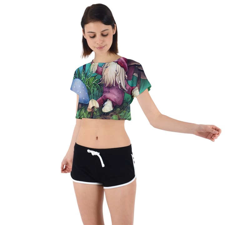 Vintage Flowery Mushroom Tie Back Short Sleeve Crop Tee