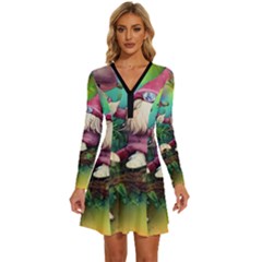 Vintage Flowery Mushroom Long Sleeve Deep V Mini Dress 