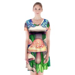 Woodsy Mushroom Forest Nature Short Sleeve V-neck Flare Dress by GardenOfOphir