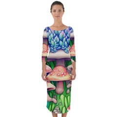 Woodsy Mushroom Forest Nature Quarter Sleeve Midi Bodycon Dress by GardenOfOphir