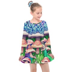 Woodsy Mushroom Forest Nature Kids  Long Sleeve Dress by GardenOfOphir