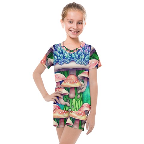 Woodsy Mushroom Forest Nature Kids  Mesh Tee And Shorts Set by GardenOfOphir