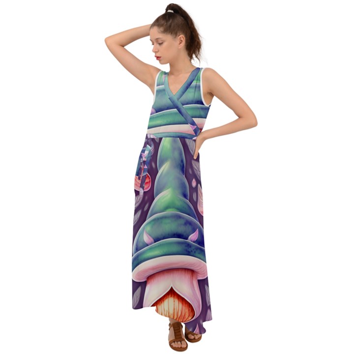 Mushroom Core V-Neck Chiffon Maxi Dress