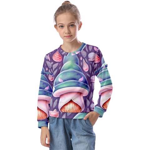 Mushroom Core Kids  Long Sleeve Tee With Frill  by GardenOfOphir