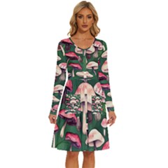 Foraging In The Mushroom Zone Long Sleeve Dress With Pocket