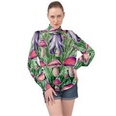 Mushroom High Neck Long Sleeve Chiffon Top by GardenOfOphir