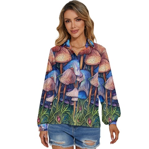 Retro Mushroom Women s Long Sleeve Button Down Shirt by GardenOfOphir