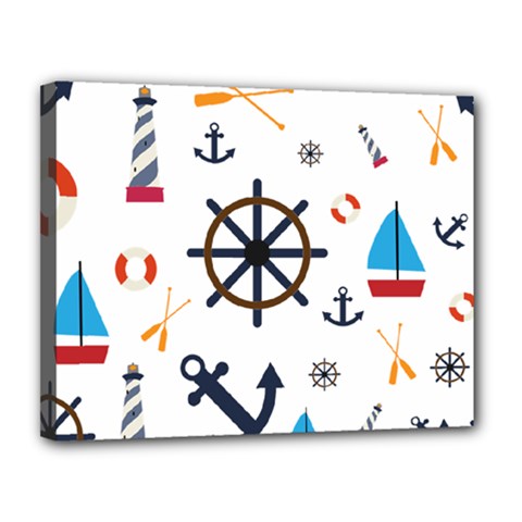 Marine Nautical Seamless Lifebuoy Anchor Pattern Canvas 14  X 11  (stretched)