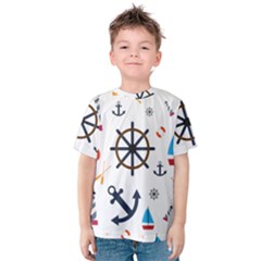 Marine Nautical Seamless Lifebuoy Anchor Pattern Kids  Cotton Tee