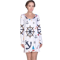 Marine Nautical Seamless Lifebuoy Anchor Pattern Long Sleeve Nightdress