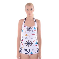 Marine Nautical Seamless Lifebuoy Anchor Pattern Boyleg Halter Swimsuit 