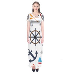 Marine Nautical Seamless Lifebuoy Anchor Pattern Short Sleeve Maxi Dress