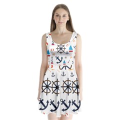 Marine Nautical Seamless Lifebuoy Anchor Pattern Split Back Mini Dress 