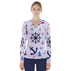 Marine Nautical Seamless Lifebuoy Anchor Pattern V-neck Long Sleeve Top