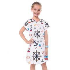 Marine Nautical Seamless Lifebuoy Anchor Pattern Kids  Drop Waist Dress