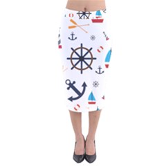 Marine Nautical Seamless Lifebuoy Anchor Pattern Velvet Midi Pencil Skirt